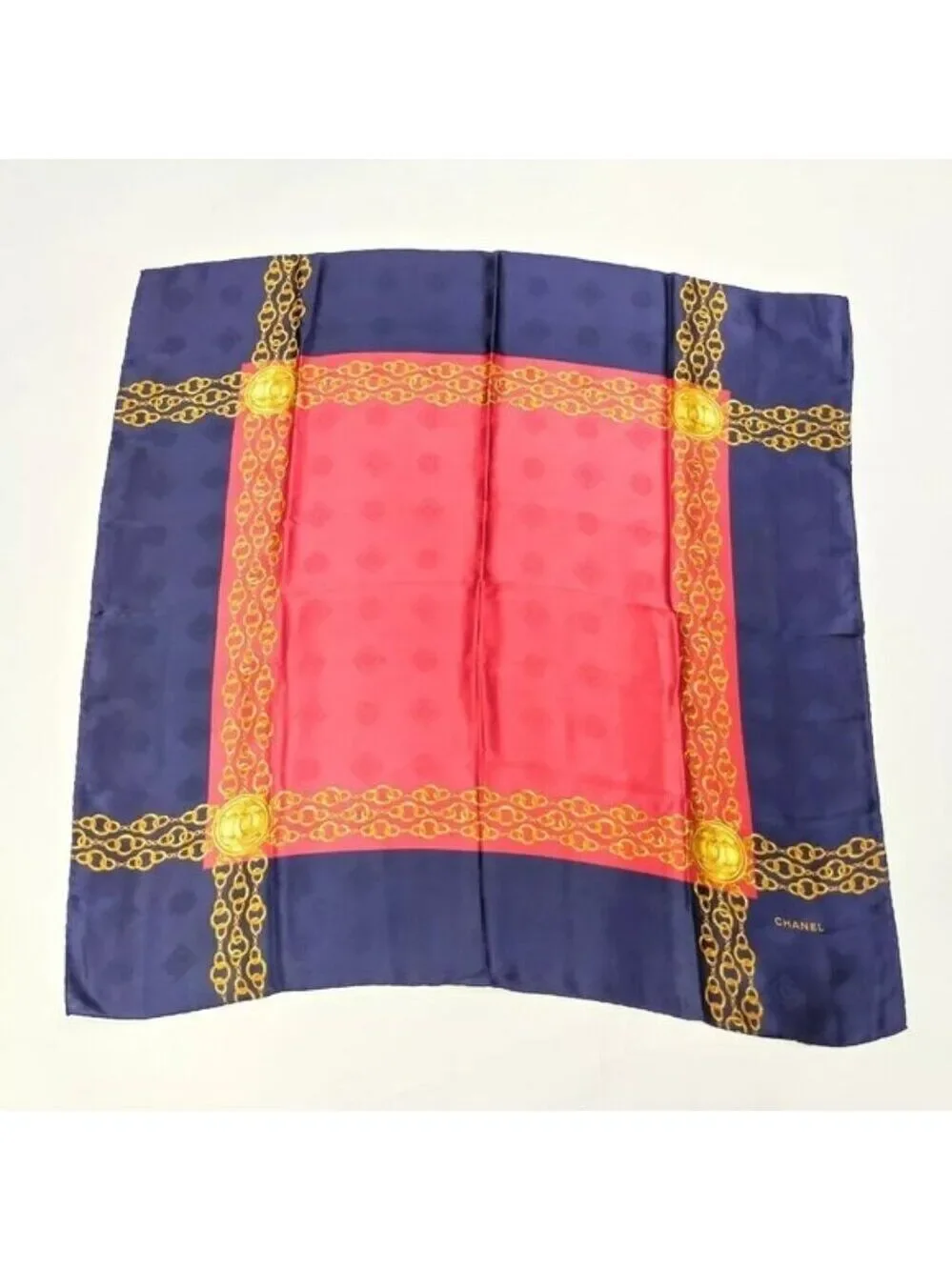 Chanel Vintage Silk Scarf Navy Red Gold Chain Medallion Square Designer Wrap